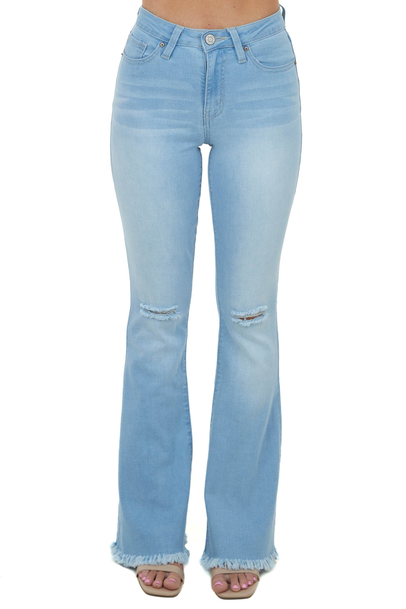 Light Knee Slit High Rise Frayed Flared Jeans