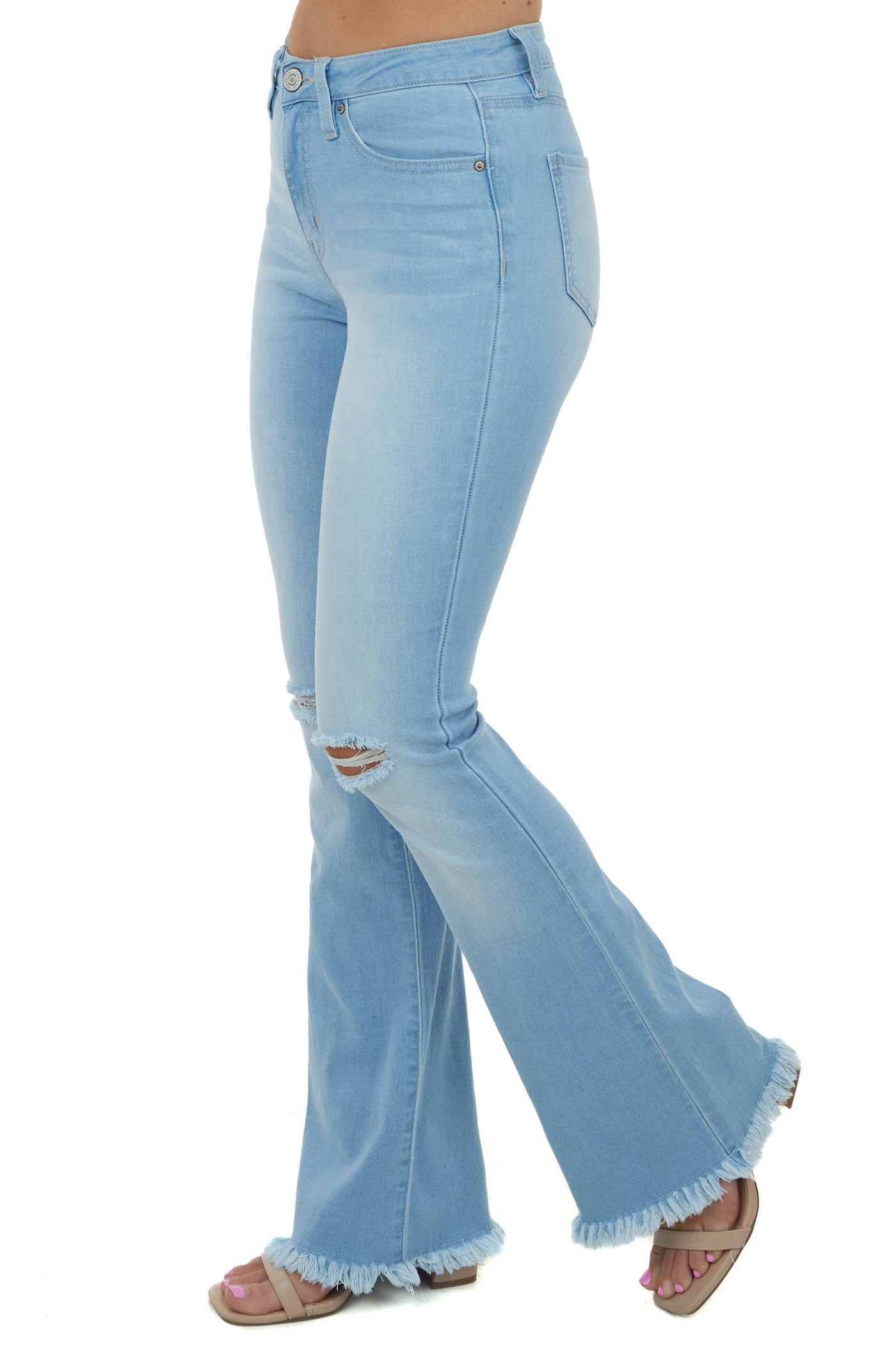 Light Knee Slit High Rise Frayed Flared Jeans