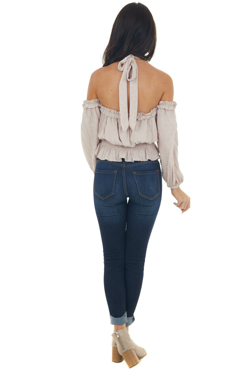Light Latte Swiss Dot Off Shoulder Halter Top