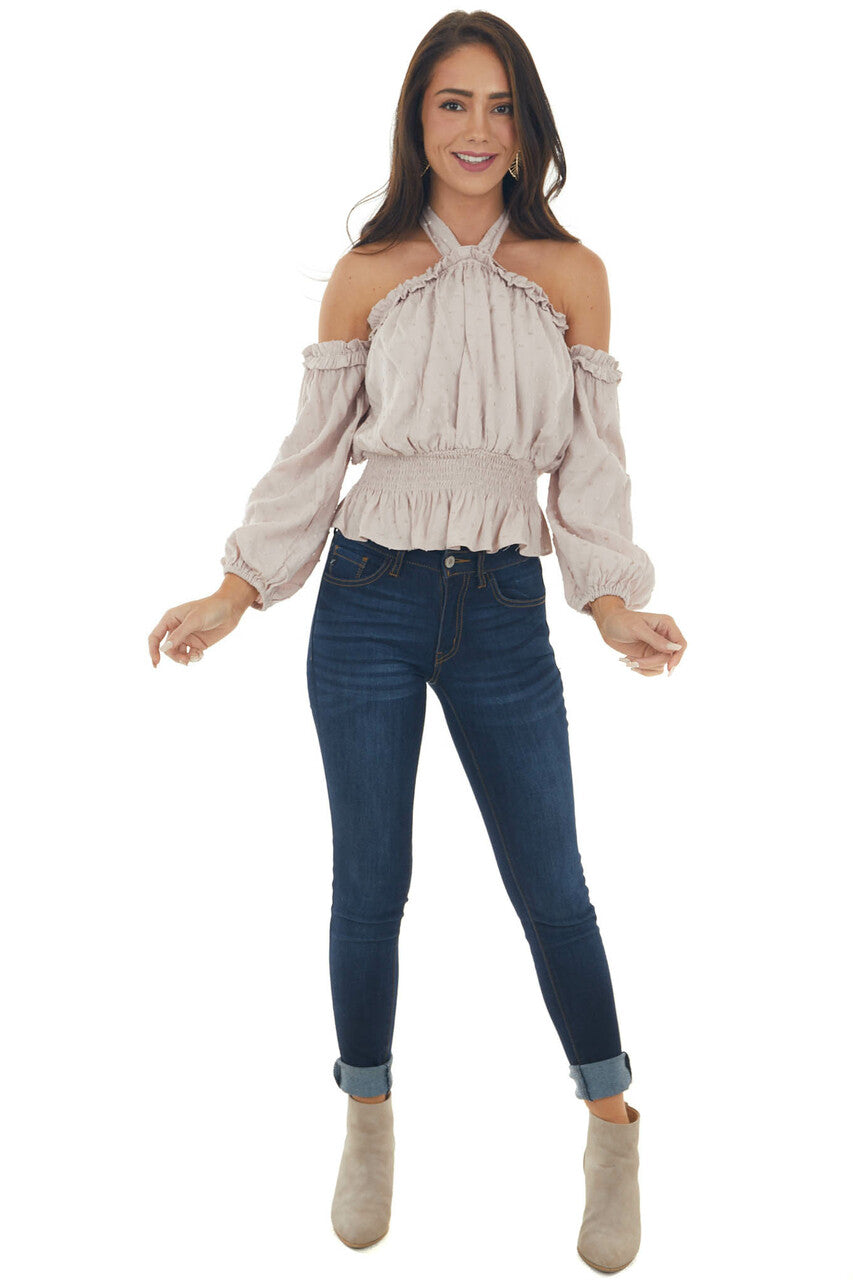 Light Latte Swiss Dot Off Shoulder Halter Top