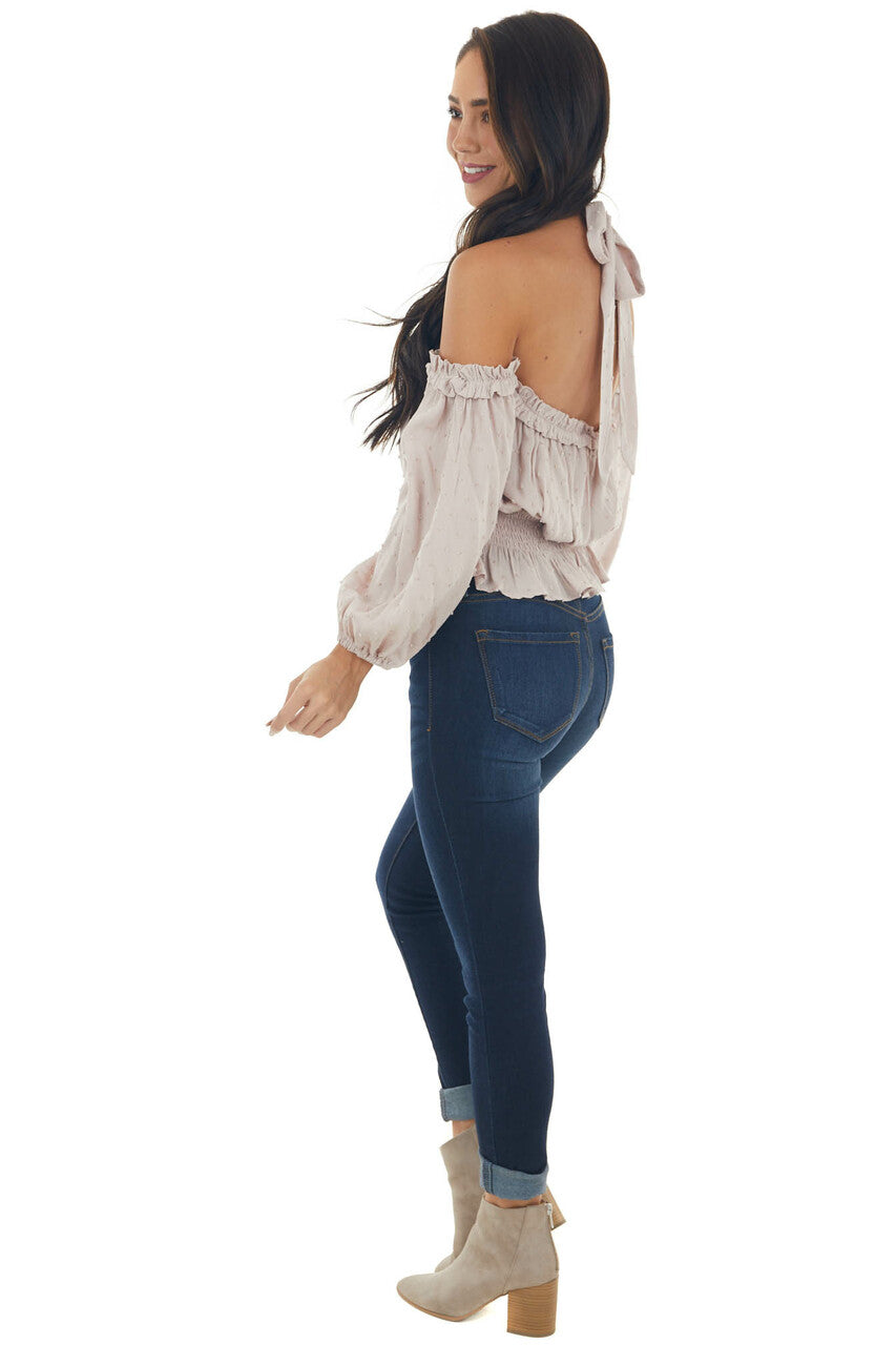 Light Latte Swiss Dot Off Shoulder Halter Top