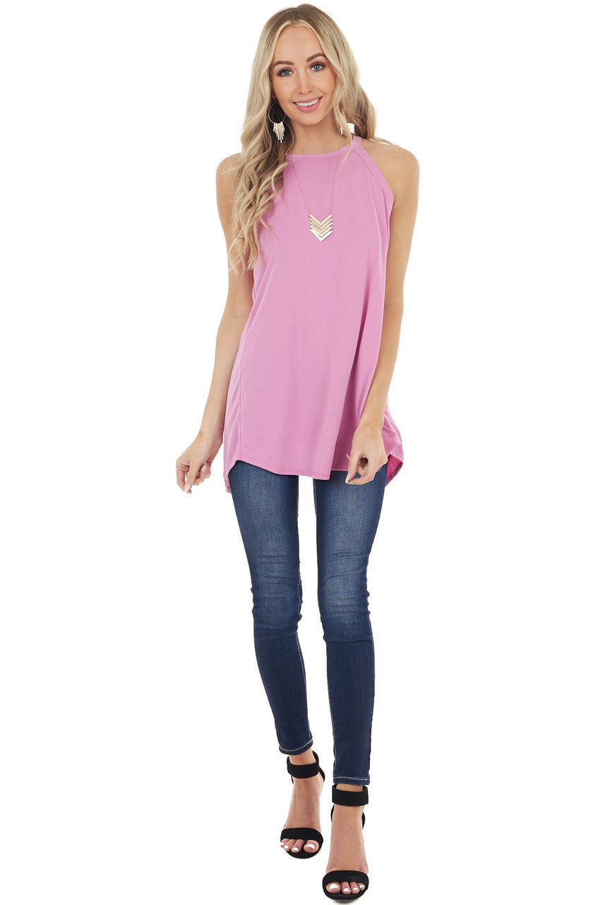 Light Magenta Sleeveless High Neck Top with Open Slit Back