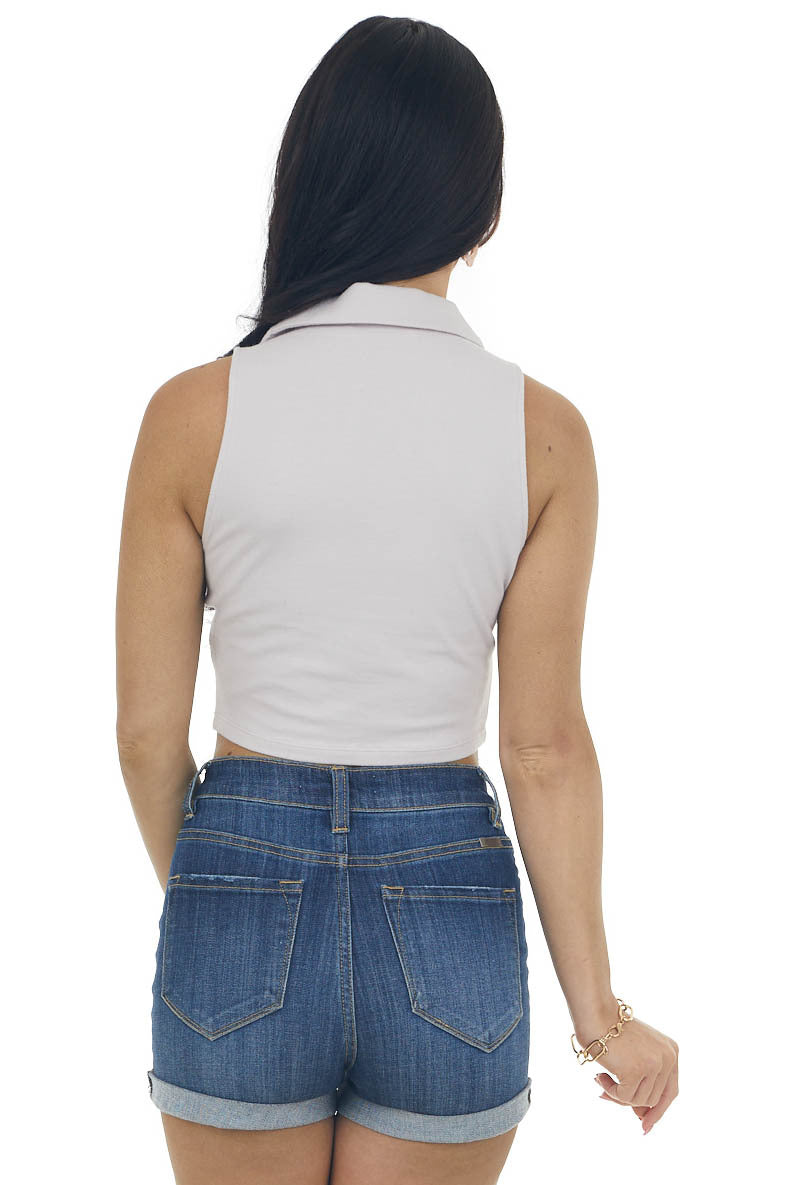 Light Mauve Collared Sleeveless Knit Crop Top