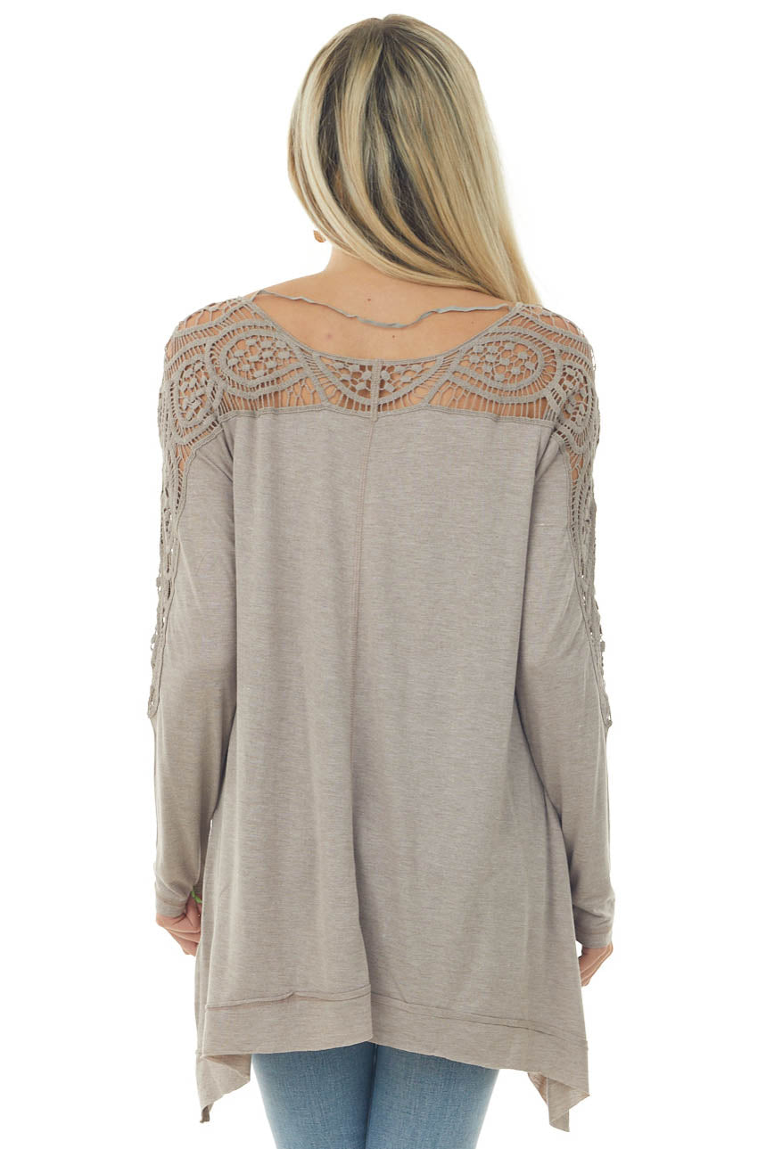 Light Mocha Long Sleeve Top with Lace and Asymmetrical Hem