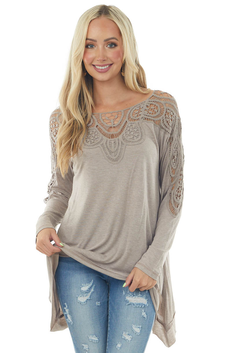 Light Mocha Long Sleeve Top with Lace and Asymmetrical Hem