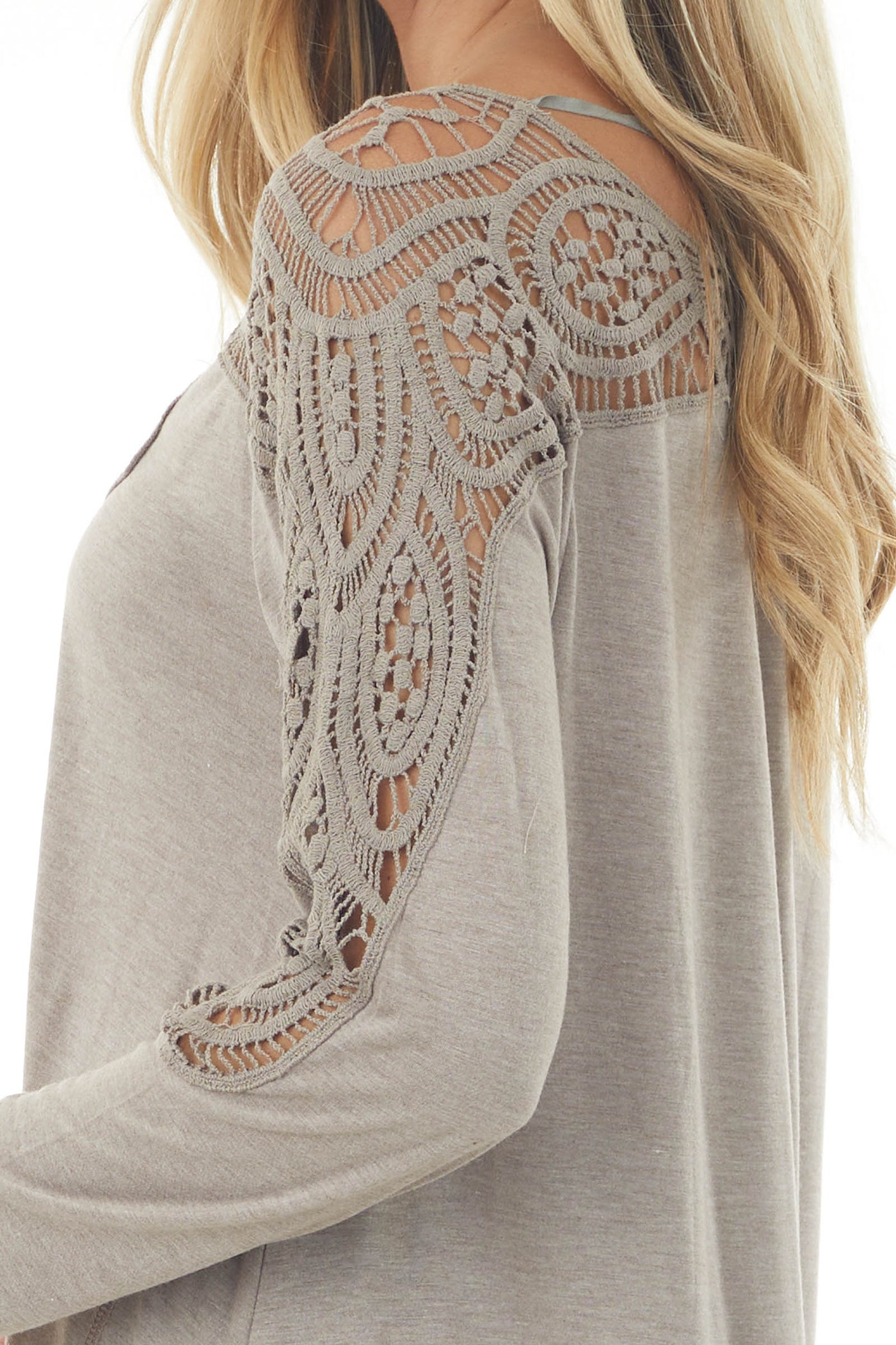 Light Mocha Long Sleeve Top with Lace and Asymmetrical Hem