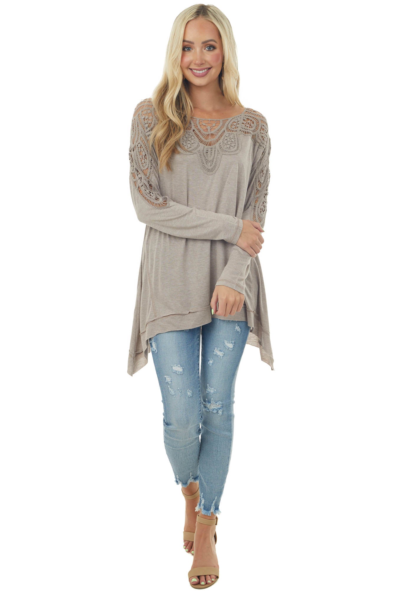 Light Mocha Long Sleeve Top with Lace and Asymmetrical Hem