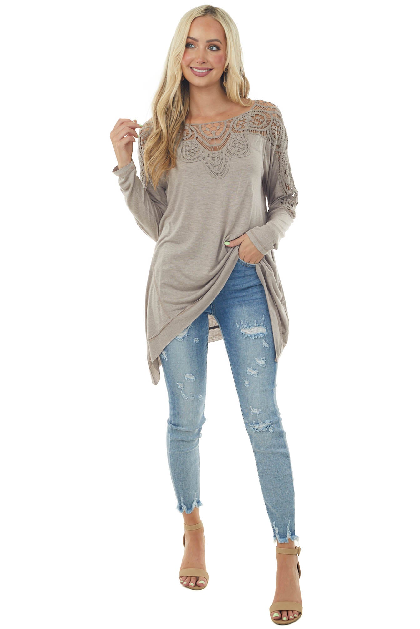 Light Mocha Long Sleeve Top with Lace and Asymmetrical Hem