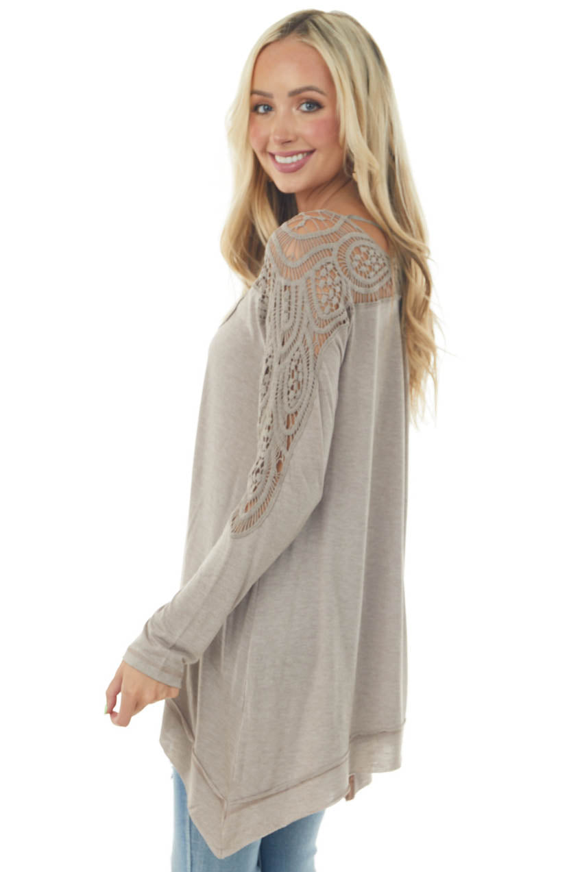 Light Mocha Long Sleeve Top with Lace and Asymmetrical Hem