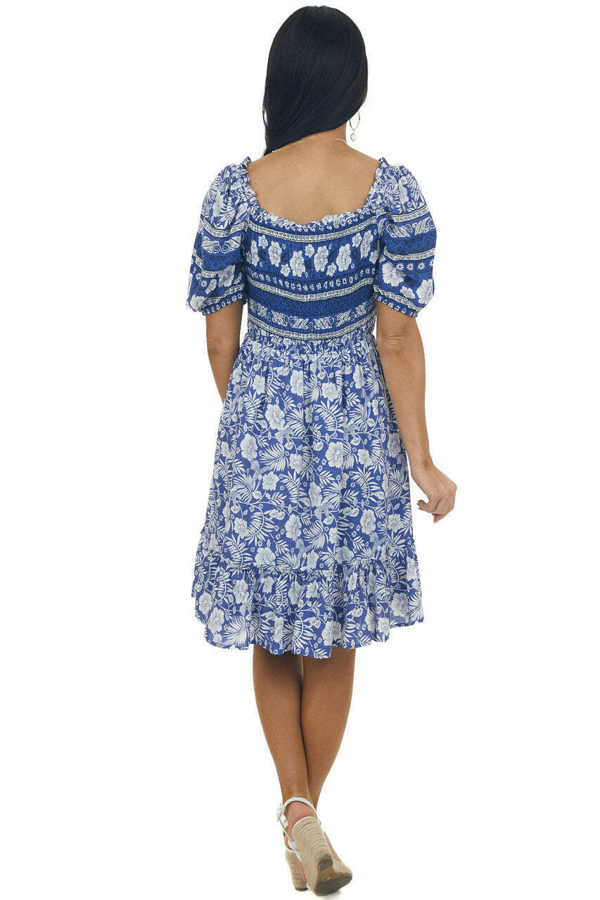 Light Navy Tropical Print Smocked Short Dress 