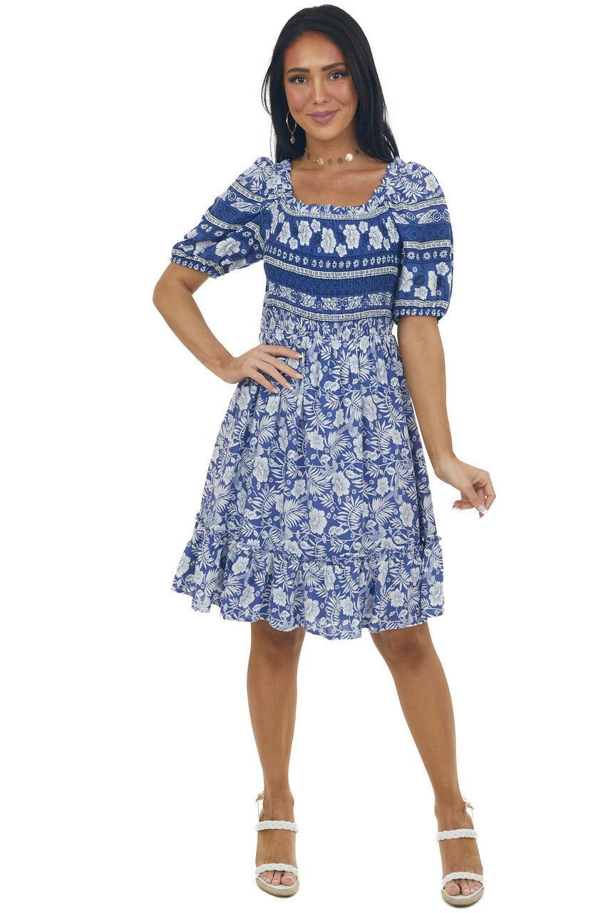 Light Navy Tropical Print Smocked Short Dress 