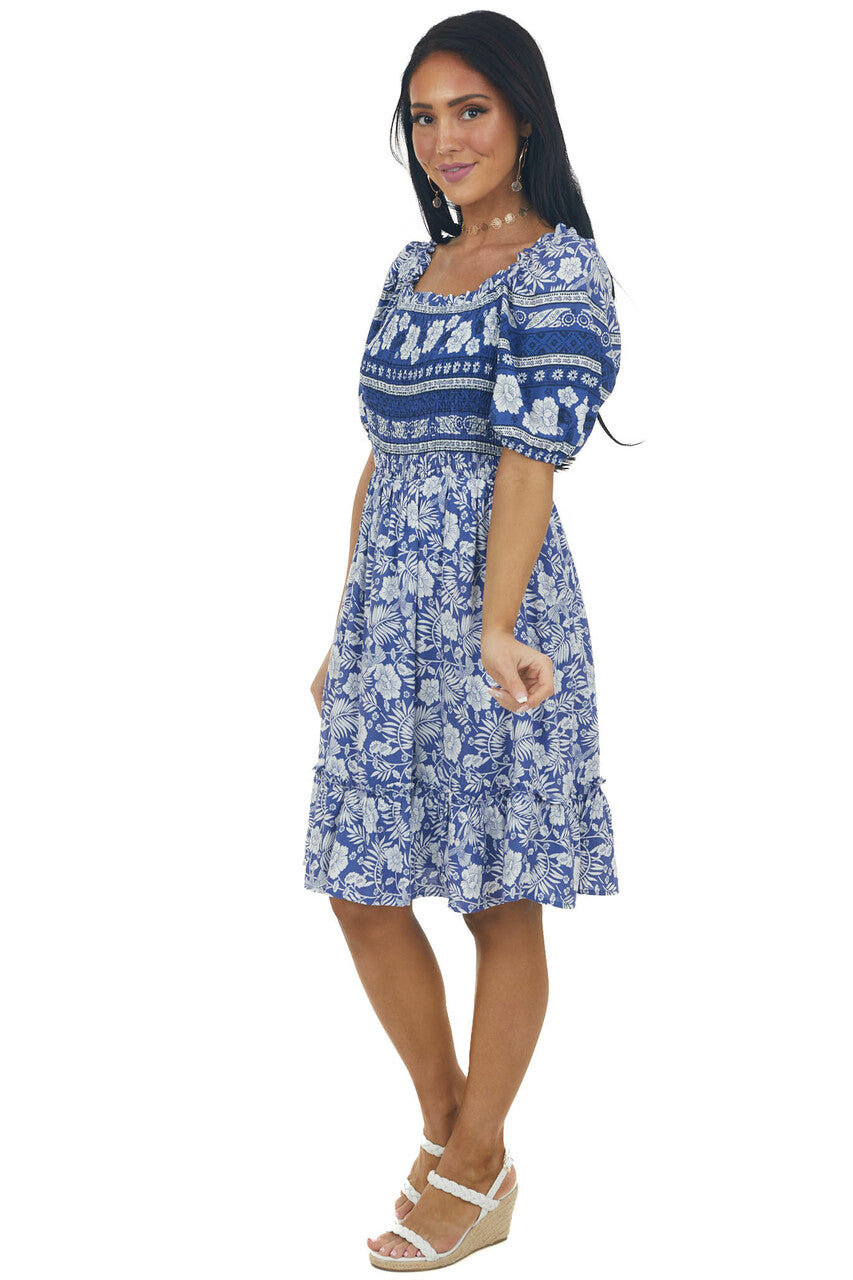 Light Navy Tropical Print Smocked Short Dress 