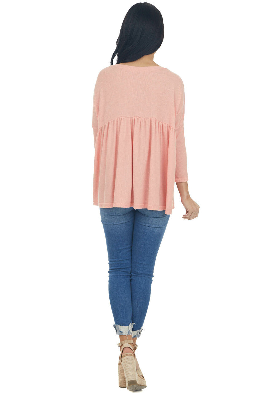 Coral Babydoll 3/4 Sleeve Oversized Henley Knit Top