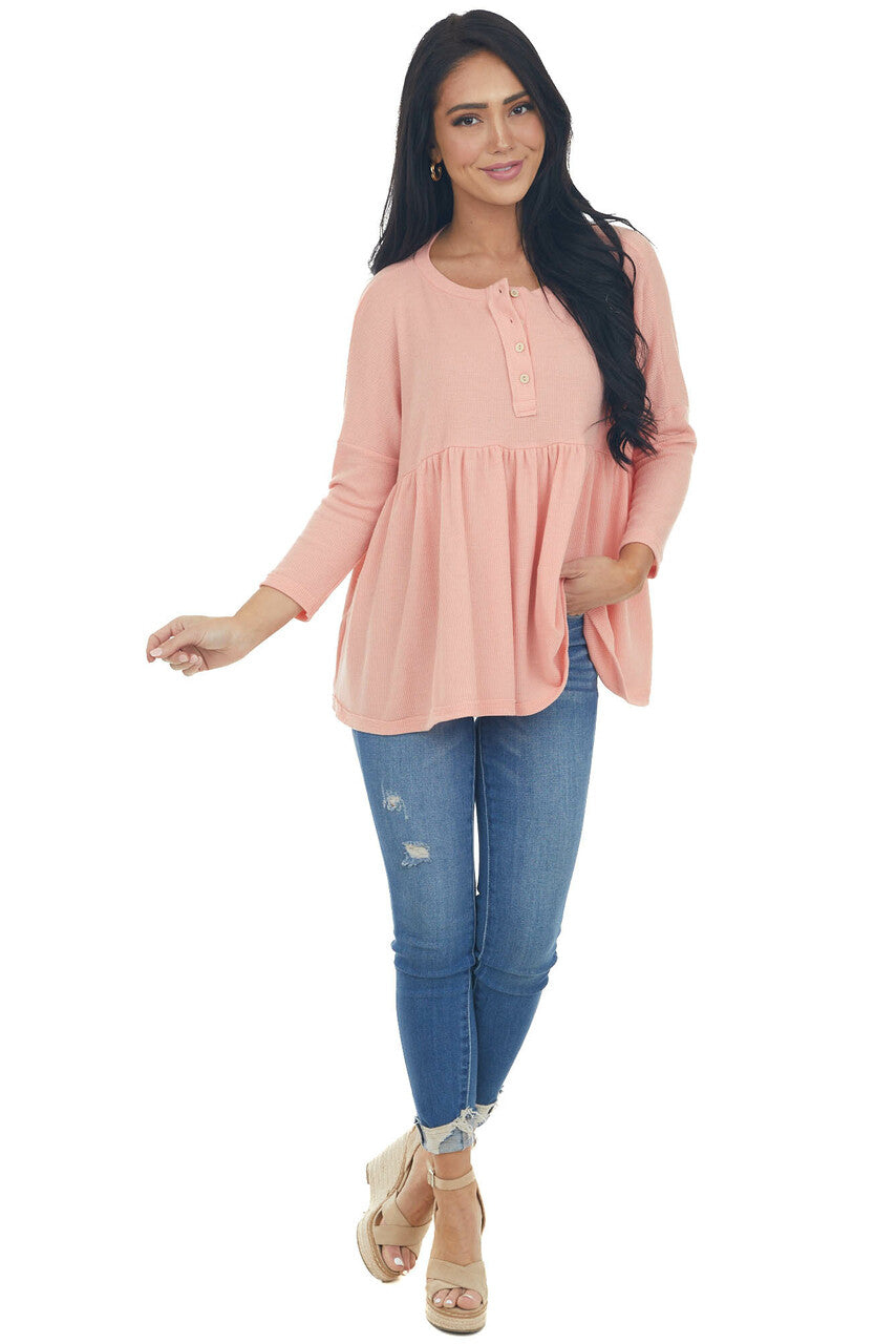 Coral Babydoll 3/4 Sleeve Oversized Henley Knit Top