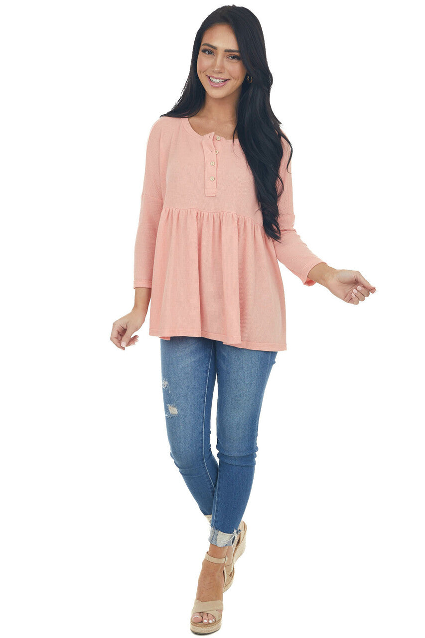 Coral Babydoll 3/4 Sleeve Oversized Henley Knit Top