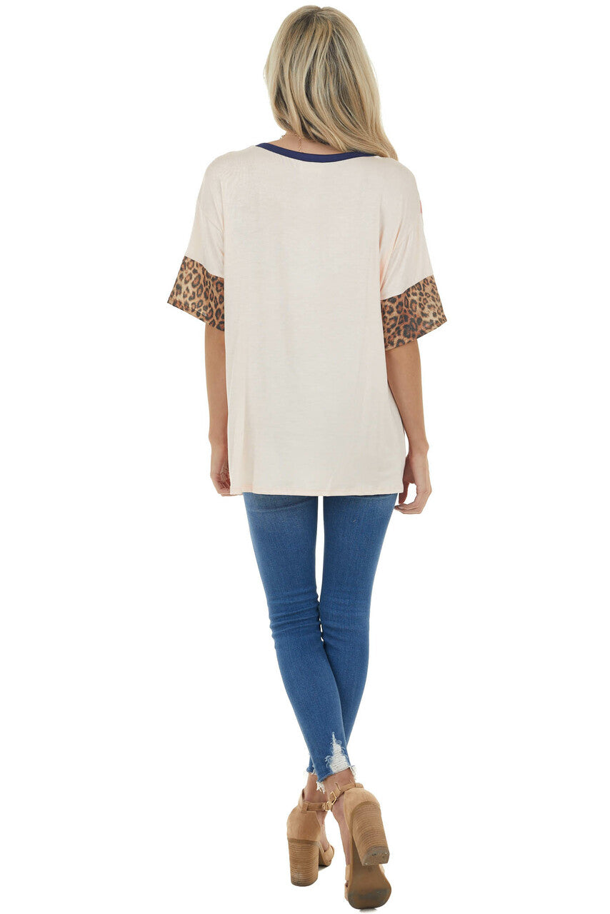 Light Peach Knit Top with Floral and Leopard Print Contrast