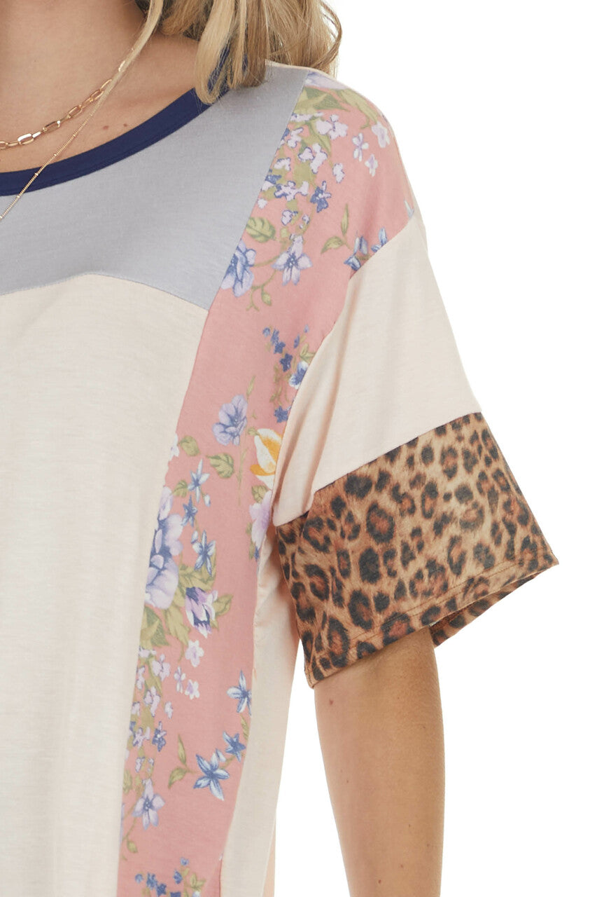 Light Peach Knit Top with Floral and Leopard Print Contrast