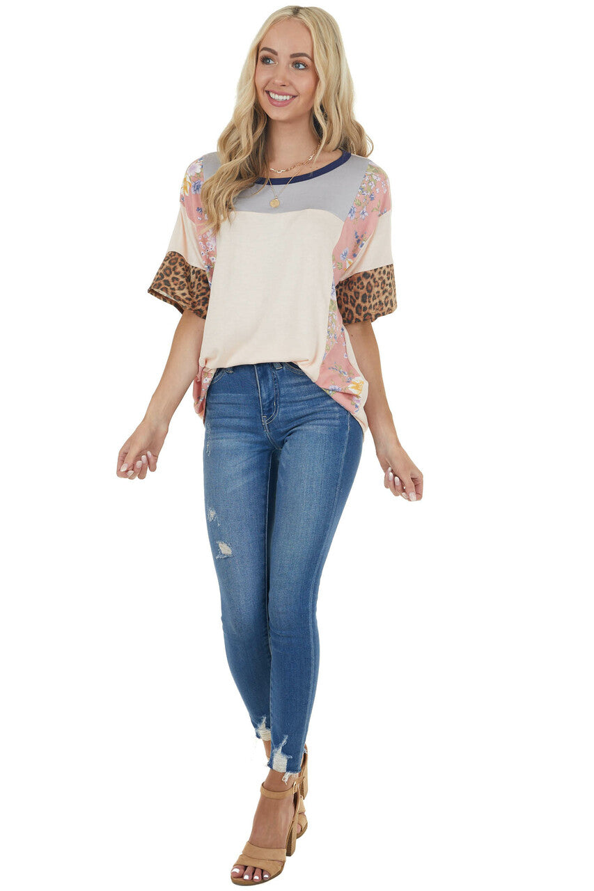 Light Peach Knit Top with Floral and Leopard Print Contrast