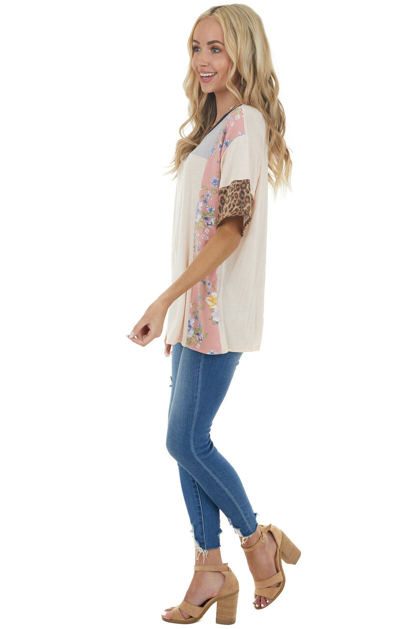 Light Peach Knit Top with Floral and Leopard Print Contrast