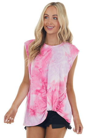 Light Raspberry Tie Dye Knit Muscle Tank with Twist Detail