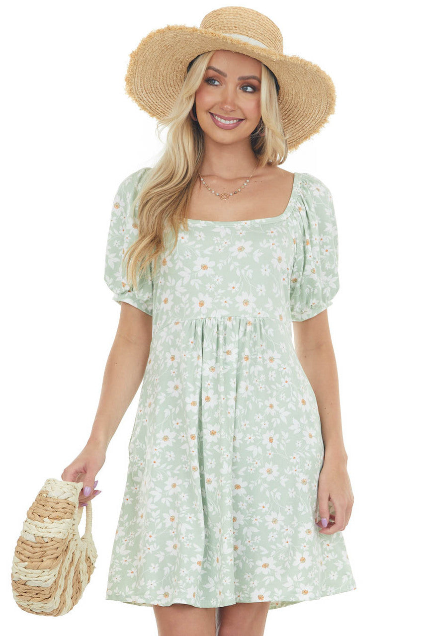 Light Sage Floral Puff Sleeve Knit Short Dress 