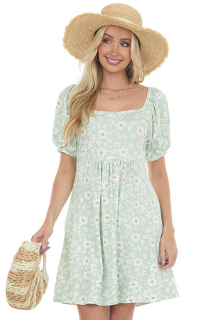 Light Sage Floral Puff Sleeve Knit Short Dress 