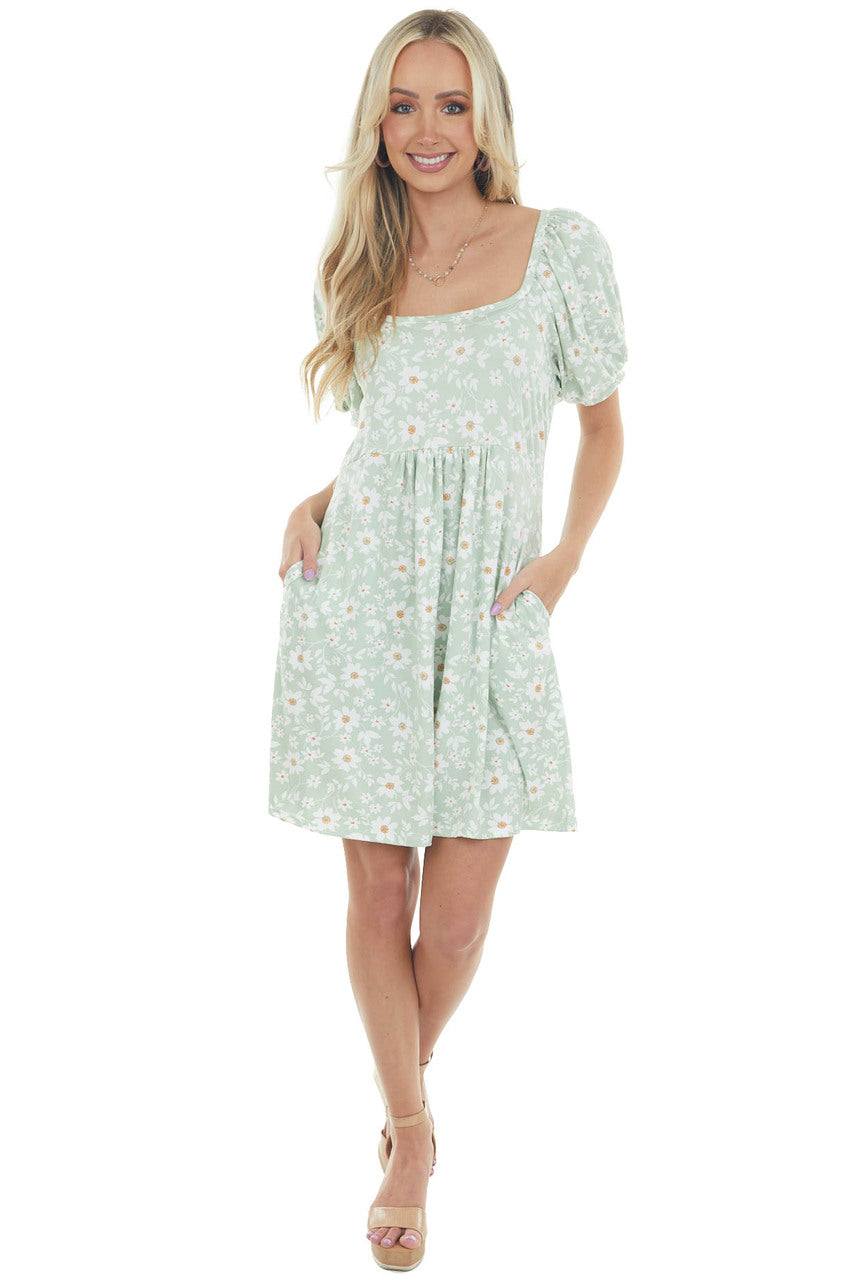 Light Sage Floral Puff Sleeve Knit Short Dress 