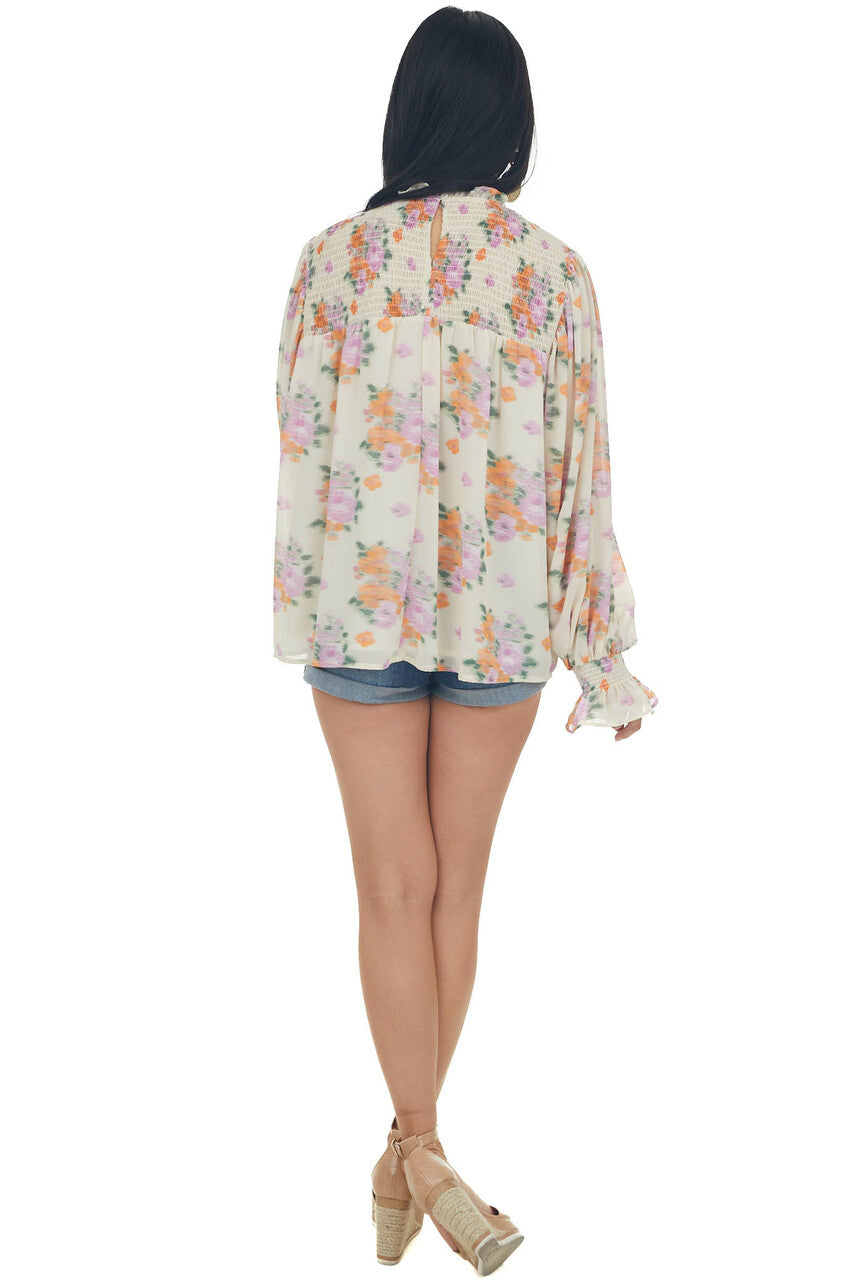 Light Sand Floral Print Smocked Yoke Blouse