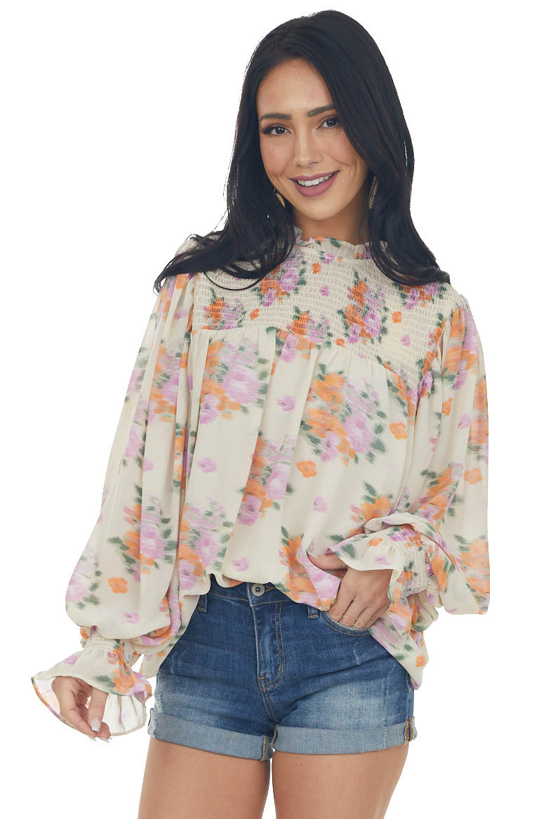 Light Sand Floral Print Smocked Yoke Blouse