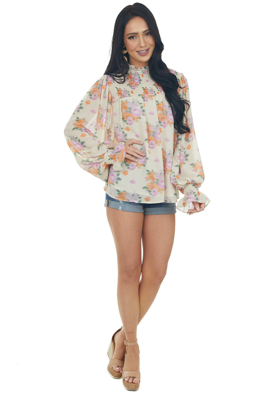 Light Sand Floral Print Smocked Yoke Blouse