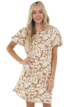 Light Sepia Leaf Print Woven Dress with Short Puff Sleeves