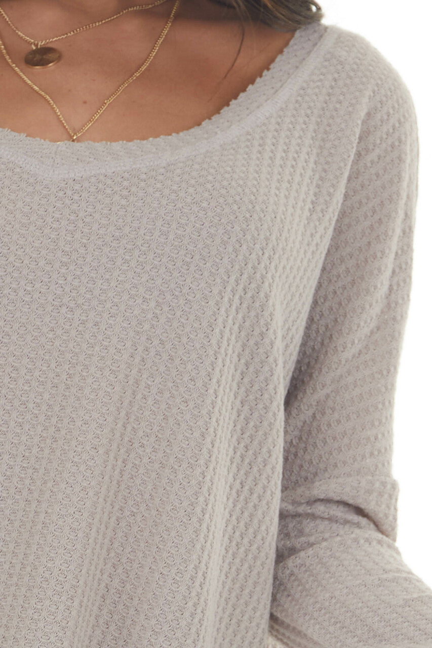Light Taupe Raw Edge V Neck Waffle Knit Top