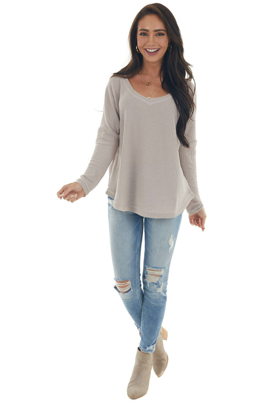 Light Taupe Raw Edge V Neck Waffle Knit Top