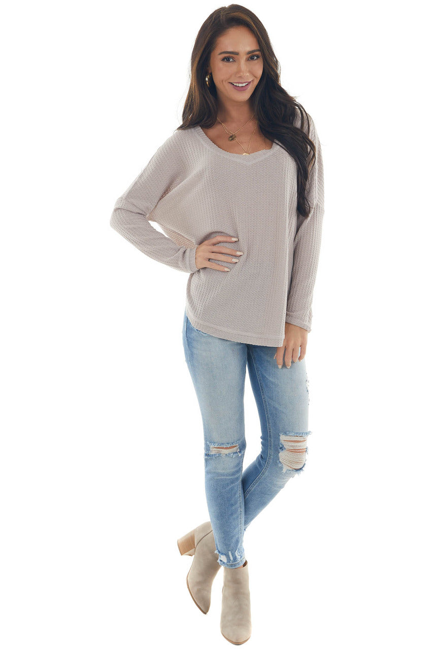 Light Taupe Raw Edge V Neck Waffle Knit Top