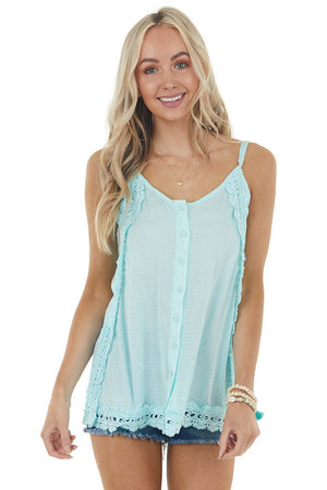 Light Turquoise Button Down Tank Top with Crochet Details