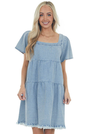 Light Vintage Wash Tiered Babydoll Denim Dress