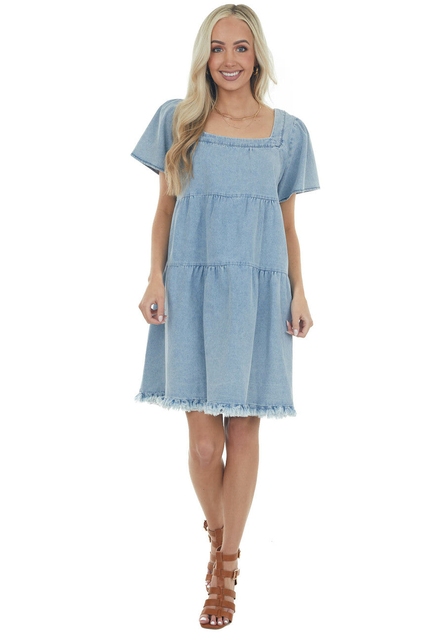 Light Vintage Wash Tiered Babydoll Denim Dress