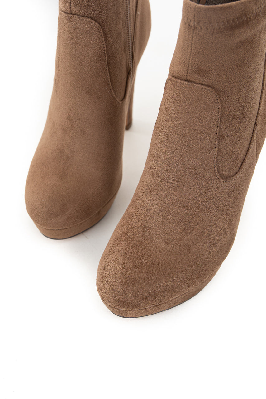 Light Walnut High Heel Zip Up Booties with Tie Detail