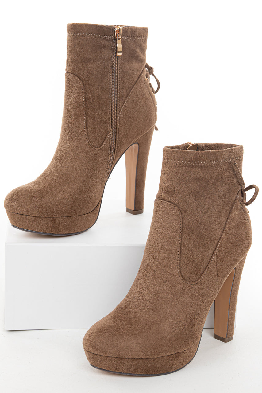 Light Walnut High Heel Zip Up Booties with Tie Detail