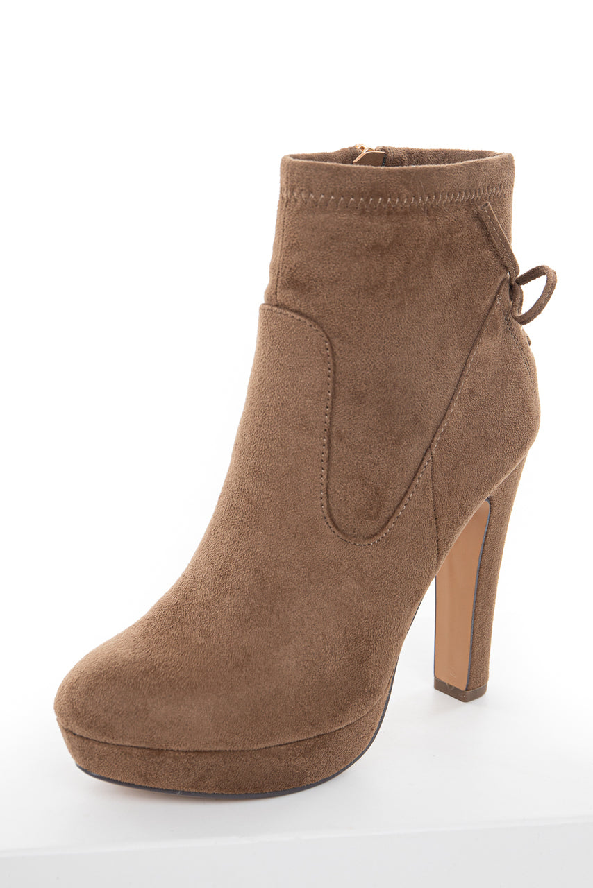 Light Walnut High Heel Zip Up Booties with Tie Detail