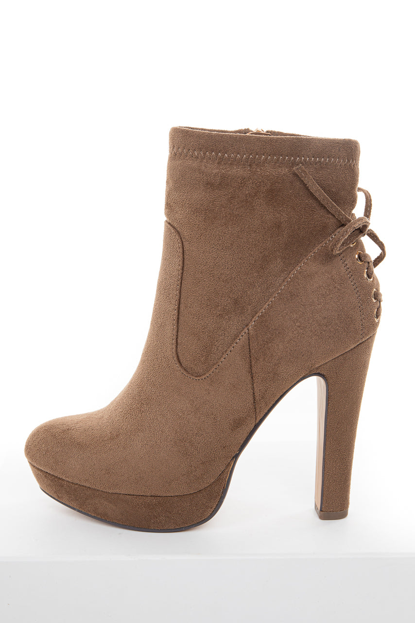 Light Walnut High Heel Zip Up Booties with Tie Detail