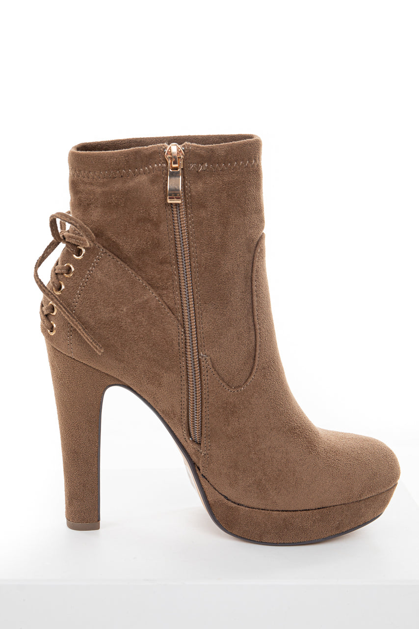 Light Walnut High Heel Zip Up Booties with Tie Detail