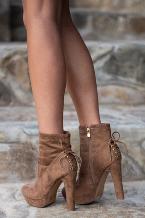 Light Walnut High Heel Zip Up Booties with Tie Detail