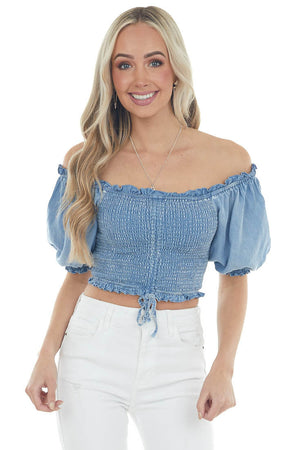 Light Wash Chambray Smocked Crop Top with Ruching Detail