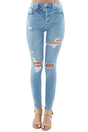 Light Wash Distressed High Rise Skinny Jeans