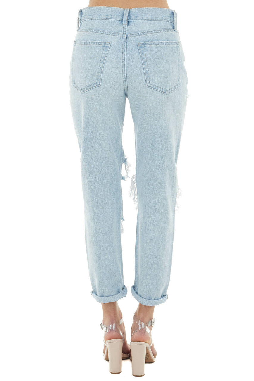 Light Wash High Rise Boyfriend Heavy Distressed Denim Jeans