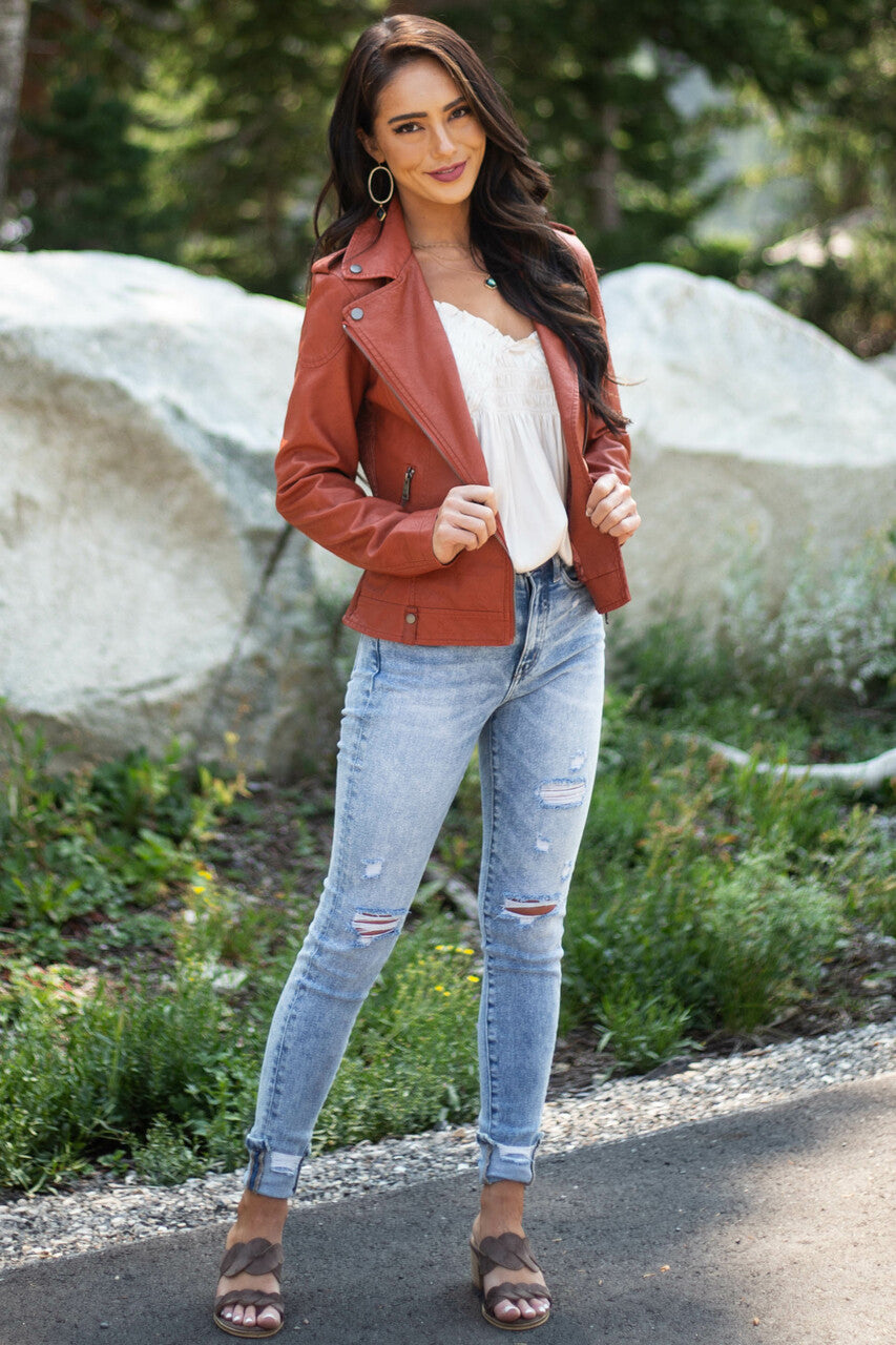 Light Wash High Rise Distressed Skinny Jeans with Cuffs