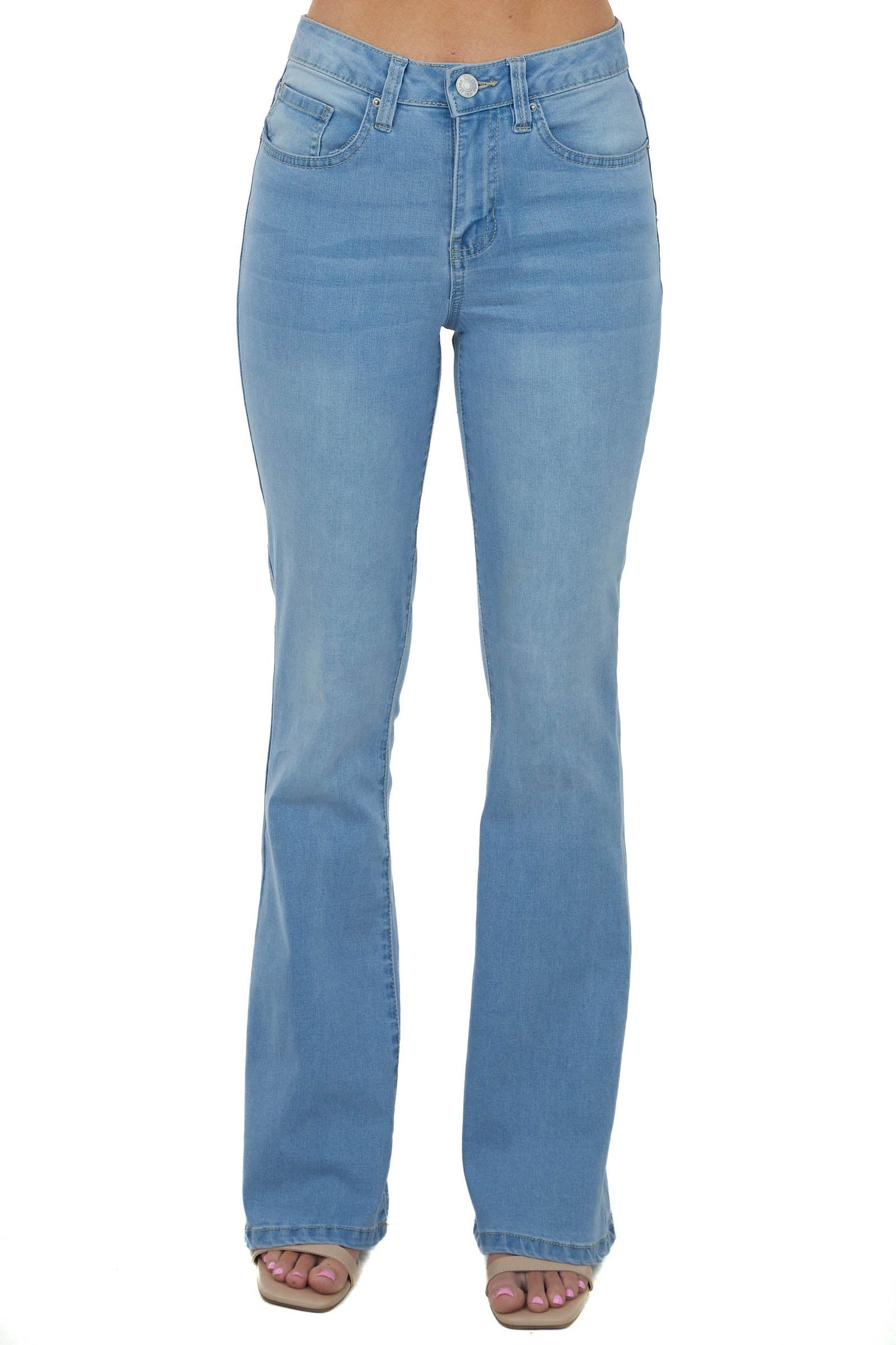 Light Wash High Rise Flare Jeans with Zipper Fly