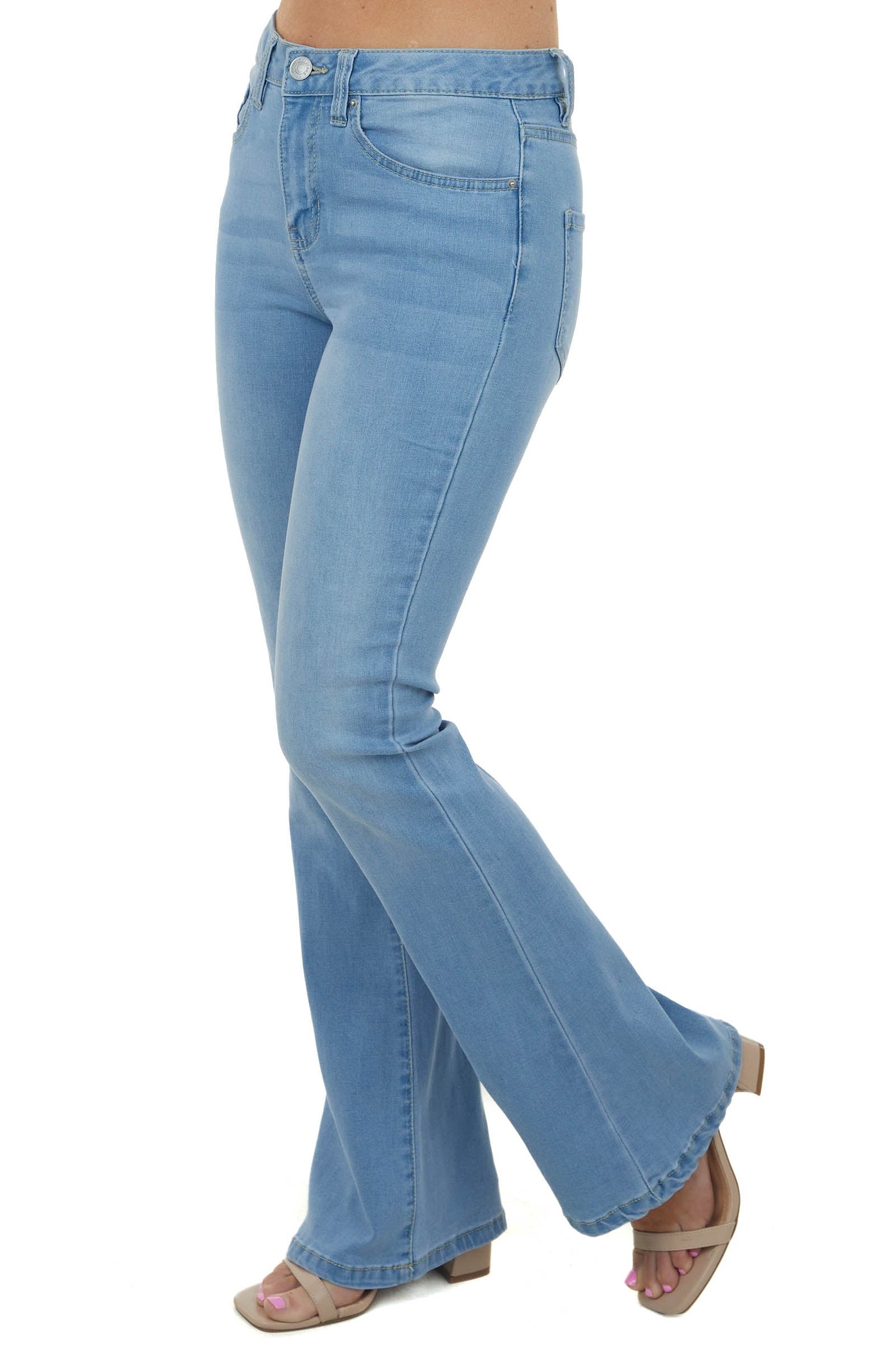 Light Wash High Rise Flare Jeans with Zipper Fly