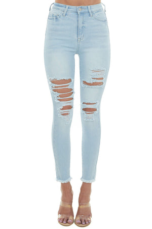Light Wash High Rise Frayed Hem Skinny Jeans 